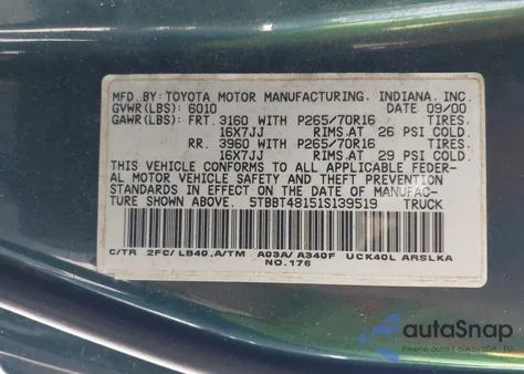 2001 Toyota Tundra Ltd V8 из США, поврежденный, VIN 5TBBT48151S139519